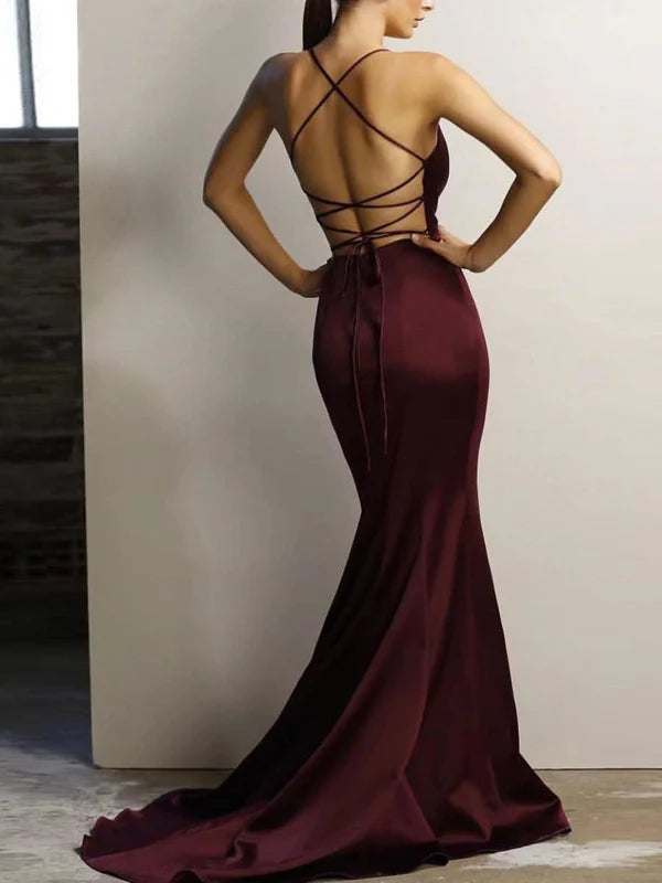 Luolandi Wonderful Satin Halter Neckline Sweep Train Sheath Prom Dress Sexy Evening Dress Party Dress